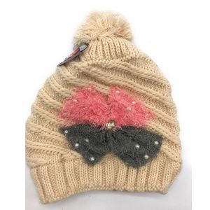 NEW Women One Size Knitted Bow Tan Beanie Bonnet Cap Hat